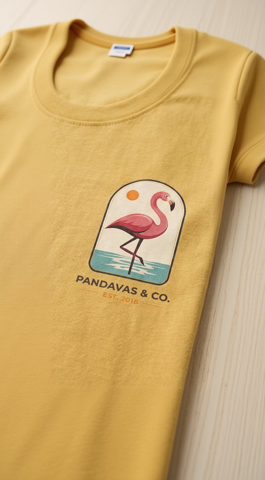 Yellow shirt with a flamingo graphic and 'Pandavas & Co.' text on a wooden surface.